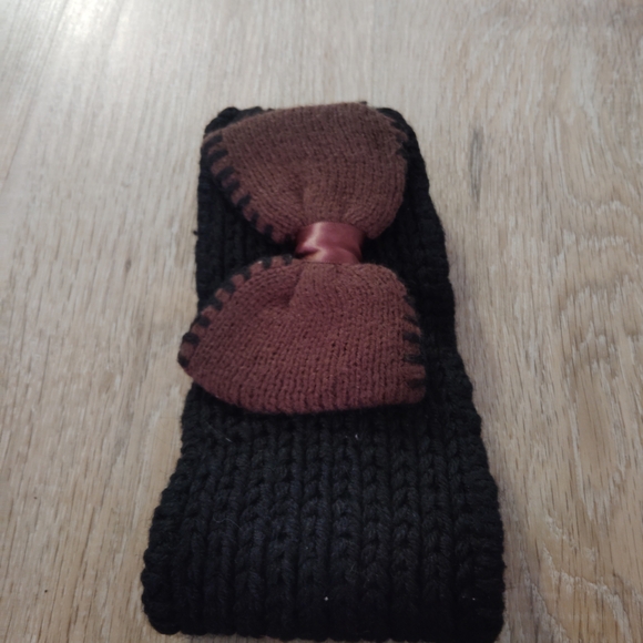 Black Crochet Knitted Headband Ear Warmers Brown Bow - Picture 3 of 5